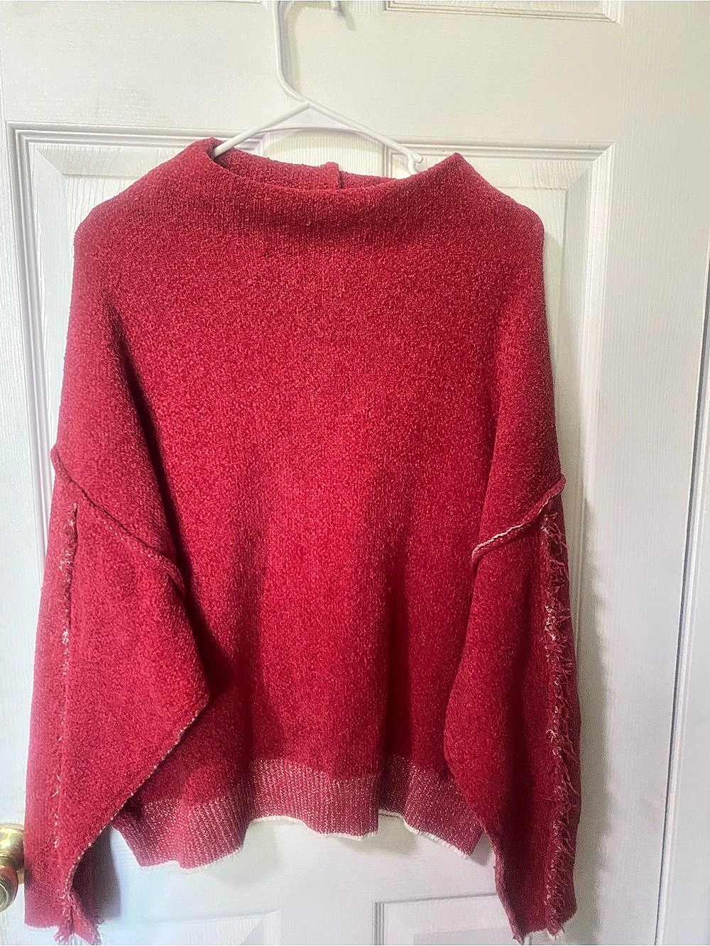 Zenana Oversized Mock Neck Raw Seam Sweater Red XL